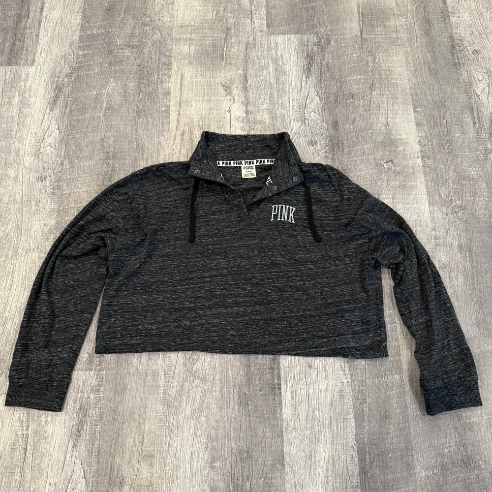 PINK Large Varsity Quarter Snap Crop Long Sleeve‎ Pullover Excellent Condition!